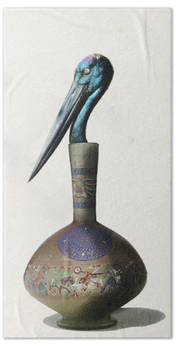Black Necked Stork Beach Sheet featuring the digital art Black necked stork stuffed inside the Gilded Bottle by Keshava Shukla