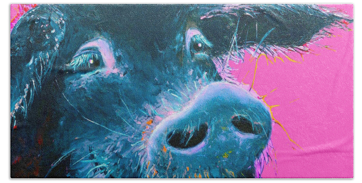 Pig Beach Sheet featuring the painting Black Pig painting on pink background by Jan Matson