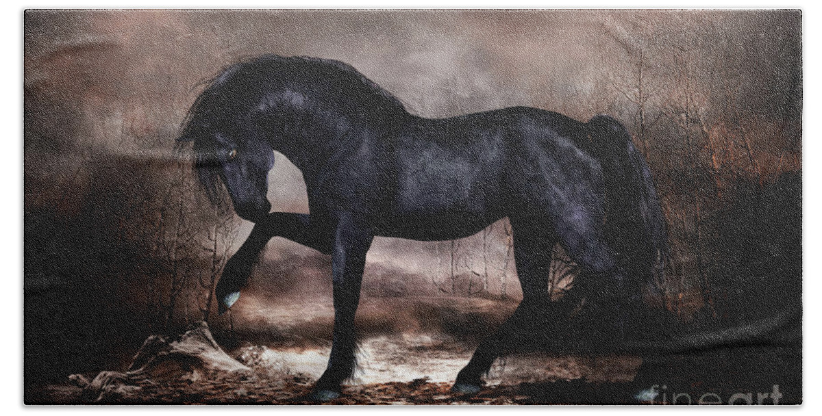 Black Stallion Beach Towel featuring the mixed media Black Stallion by Shanina Conway