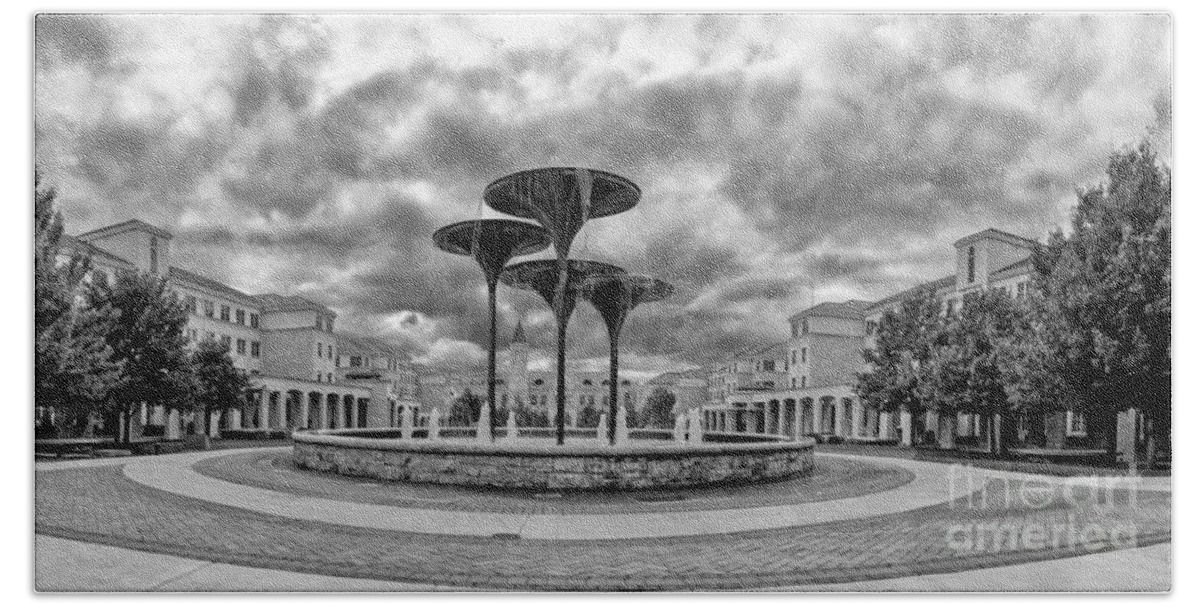 Fort Beach Towel featuring the photograph Black White Panorama of Texas Christian University Campus Commons and Frog Fountain - Fort Worth by Silvio Ligutti