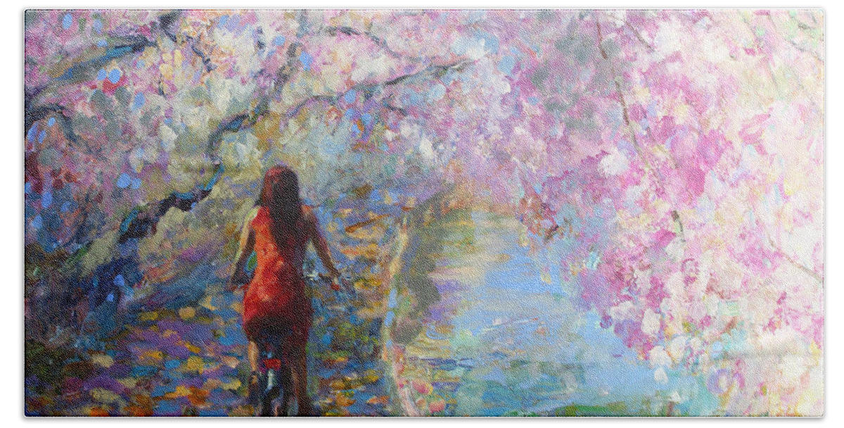 Spring Blossoms Alley Painting Beach Towel featuring the painting Blossom Alley Impressionistic painting by Svetlana Novikova