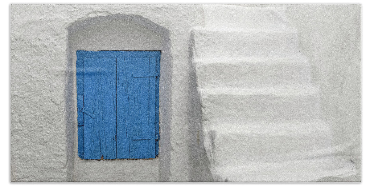  Greece Beach Towel featuring the photograph Blue accents-white washed house -Santorini by Usha Peddamatham