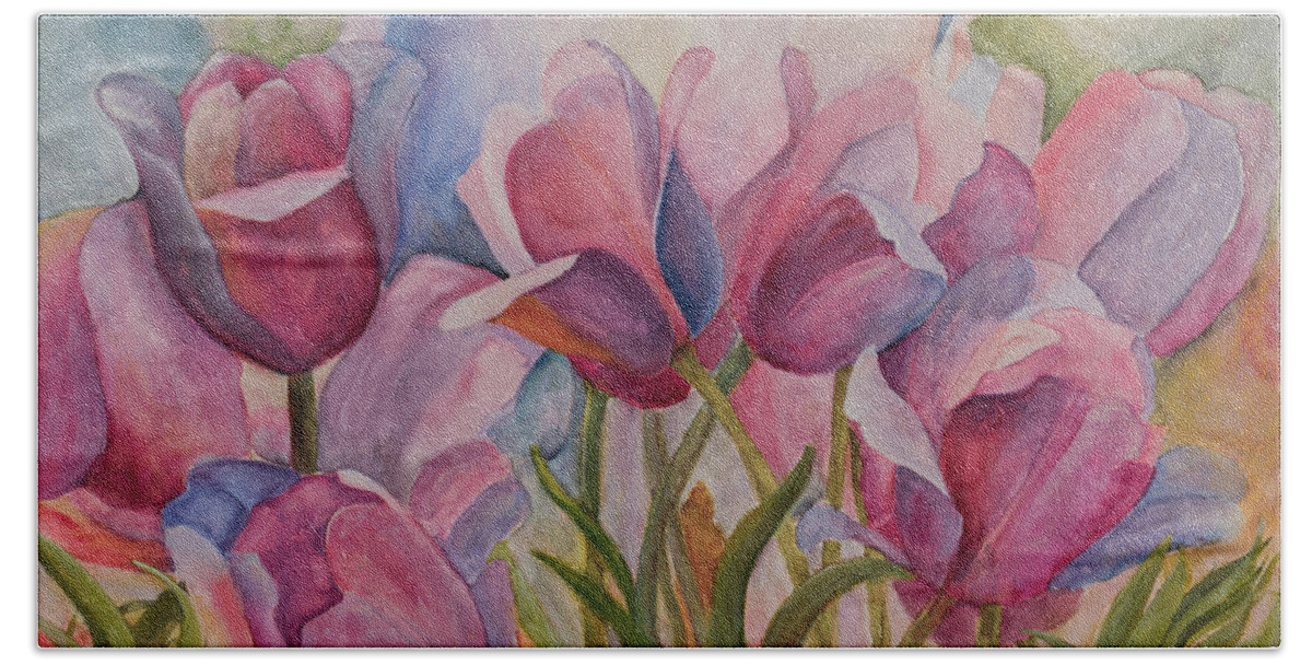Floral Beach Towel featuring the painting Blue and Pink Tulips by Nadine Button