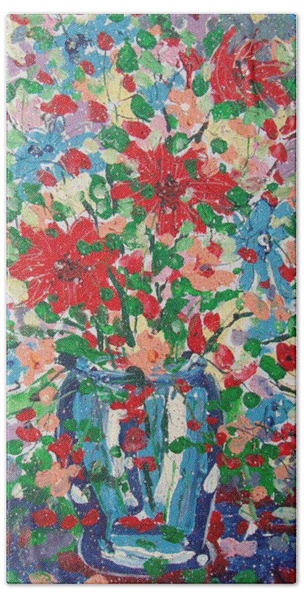 Painting Beach Towel featuring the painting Blue And Red Flowers. by Leonard Holland