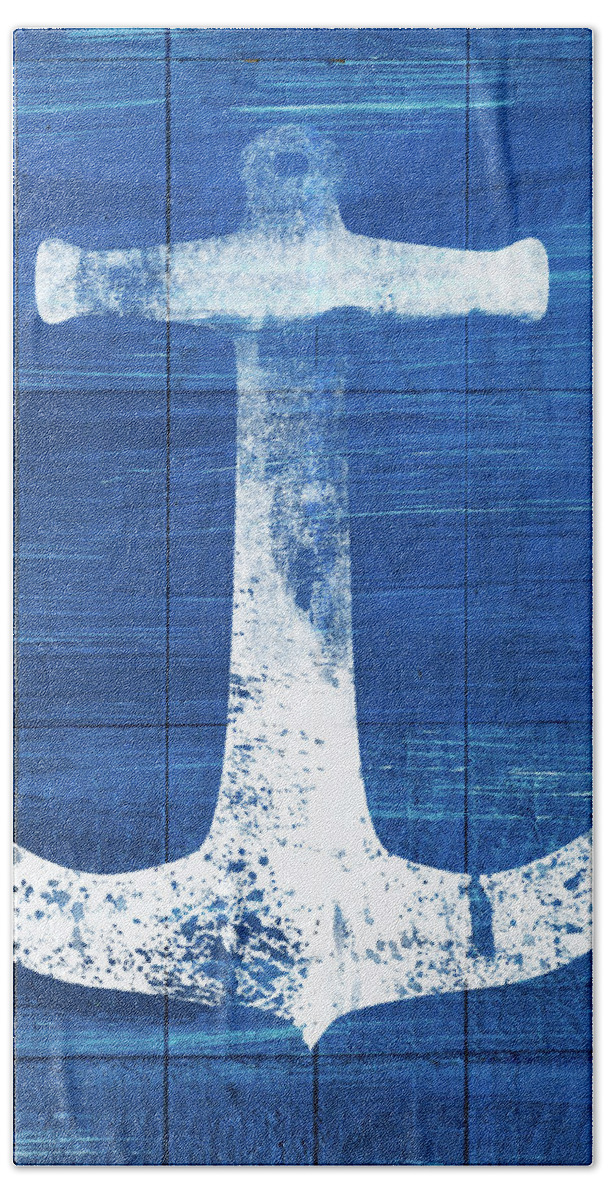 Anchor Beach Towel featuring the mixed media Blue and White Anchor- Art by Linda Woods by Linda Woods