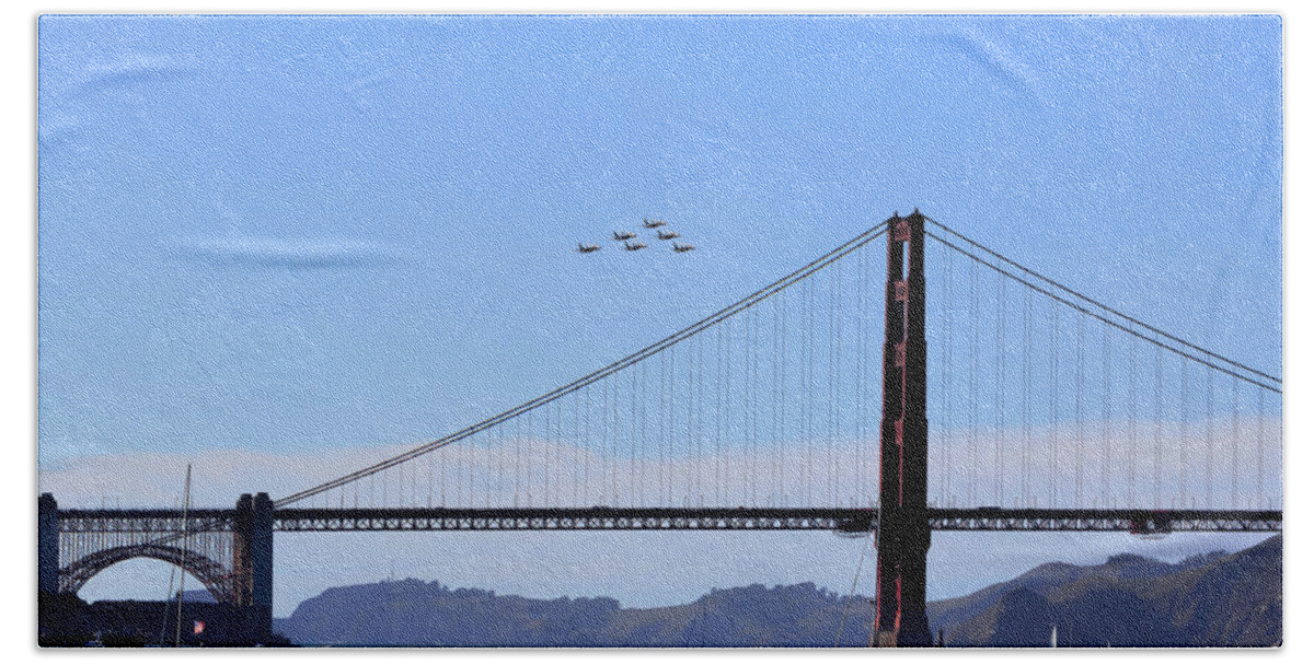 Blue Angels Beach Sheet featuring the photograph Blue Angels Over Golden Gate Bridge by Her Arts Desire