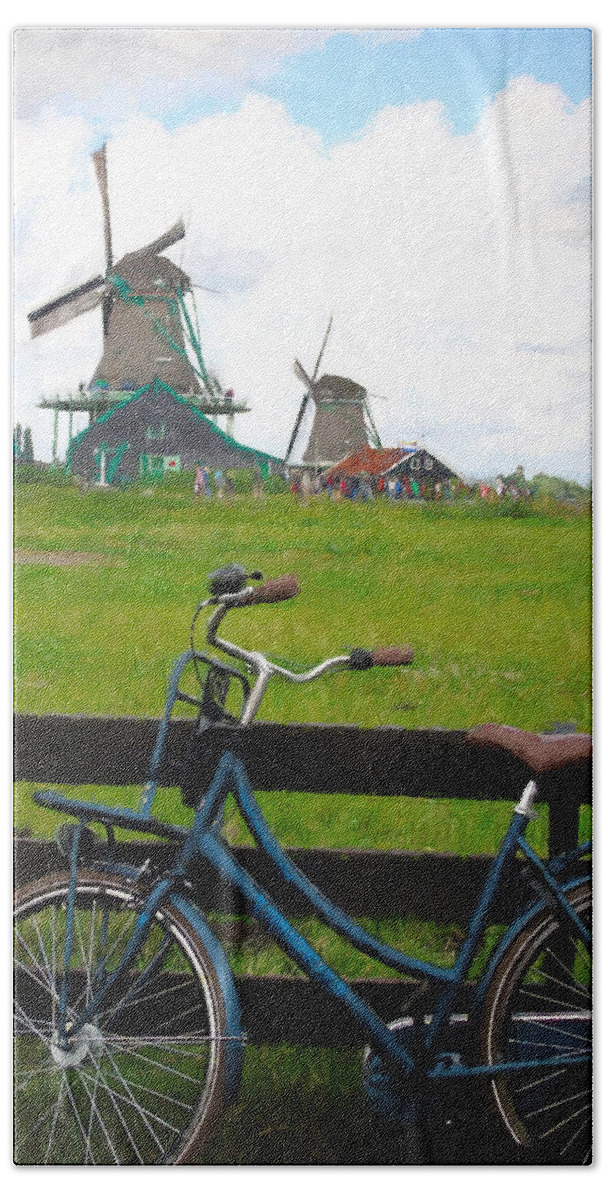 Landscape Beach Towel featuring the mixed media Blue Bicycle and Windmills by Susan Lafleur