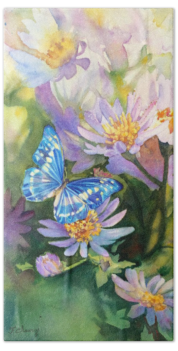 Painting Beach Towel featuring the painting Blue Butterfly by Francoise Chauray