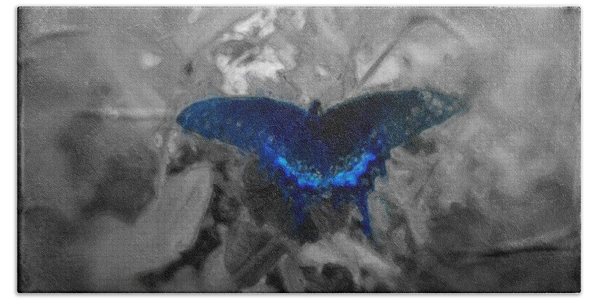 Delicate Beach Sheet featuring the digital art Blue butterfly in charcoal and vibrant aqua paint by MendyZ