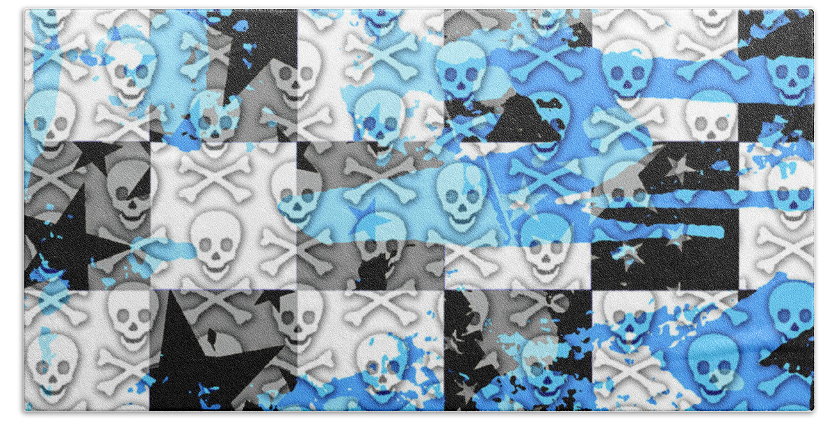 Skull Beach Towel featuring the digital art Blue Checker Skull Splatter by Roseanne Jones