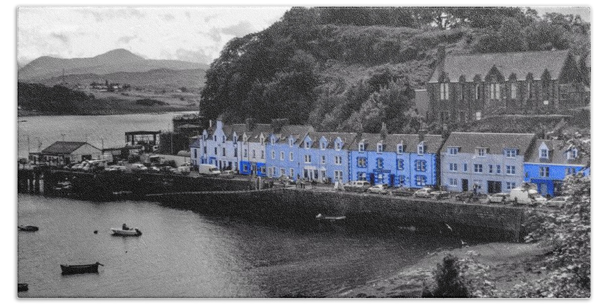 Portree Beach Towel featuring the photograph Blue Cottages at Portree Harbour 5 by Joan-Violet Stretch