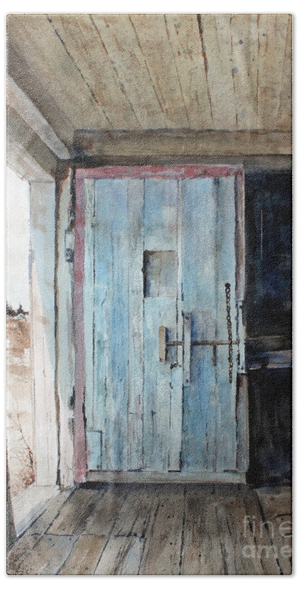 A Weathered Door Is Open To The Interior Of An Old Shed At The Forillon National Park Beach Towel featuring the painting Blue Door by Monte Toon