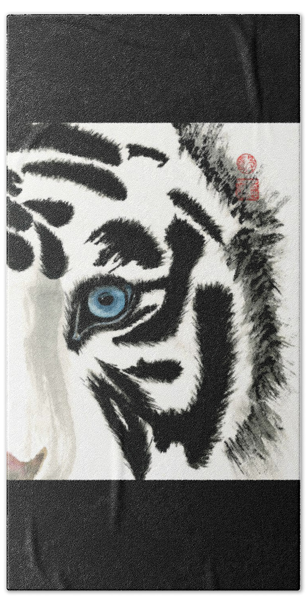 Japanese Beach Towel featuring the painting Blue-Eyed Tiger by Terri Harris
