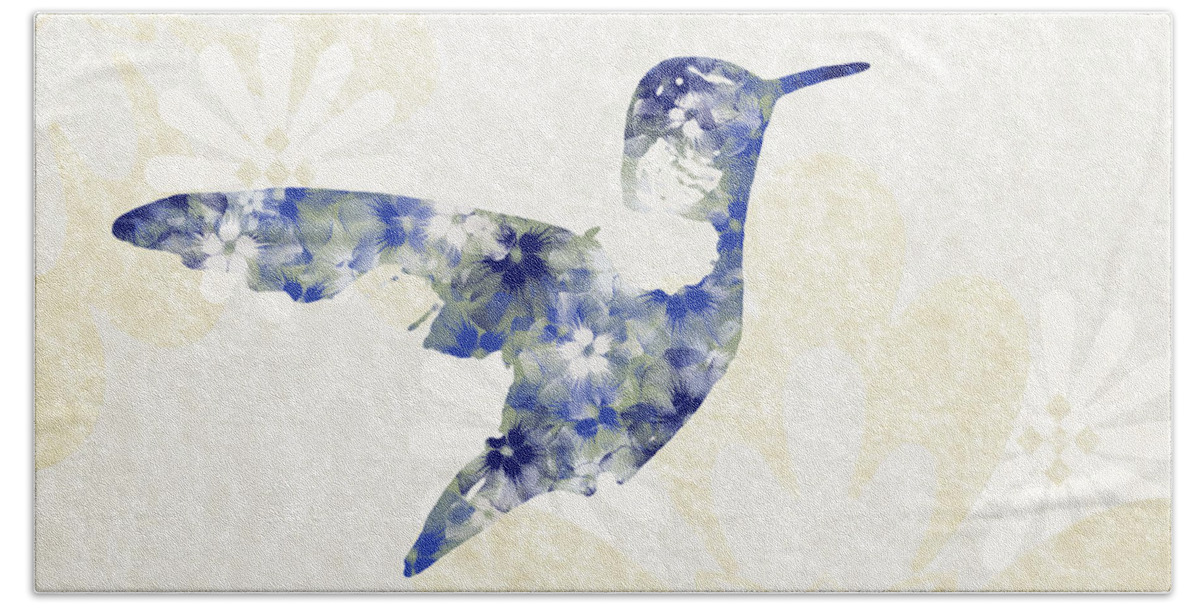 Hummingbird Beach Towel featuring the mixed media Blue Floral Hummingbird Art by Christina Rollo