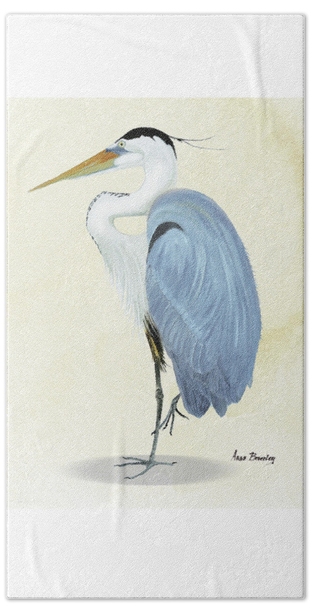 Blue Heron Beach Towel featuring the painting Blue Heron in Oil by Anne Beverley-Stamps