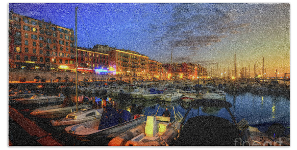 Yhun Suarez Beach Towel featuring the photograph Blue Hour At Port Nice 1.0 by Yhun Suarez