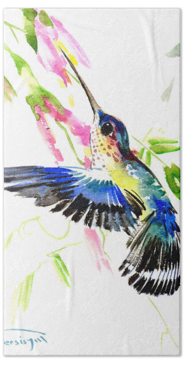 Flying Bird Beach Sheet featuring the painting Blue Hummingbird by Suren Nersisyan