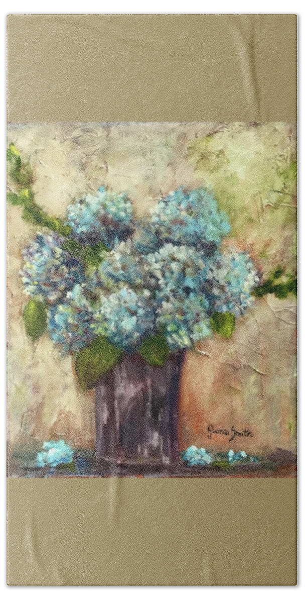 Blue Beach Sheet featuring the painting Blue Hydrangeas by Gloria Smith