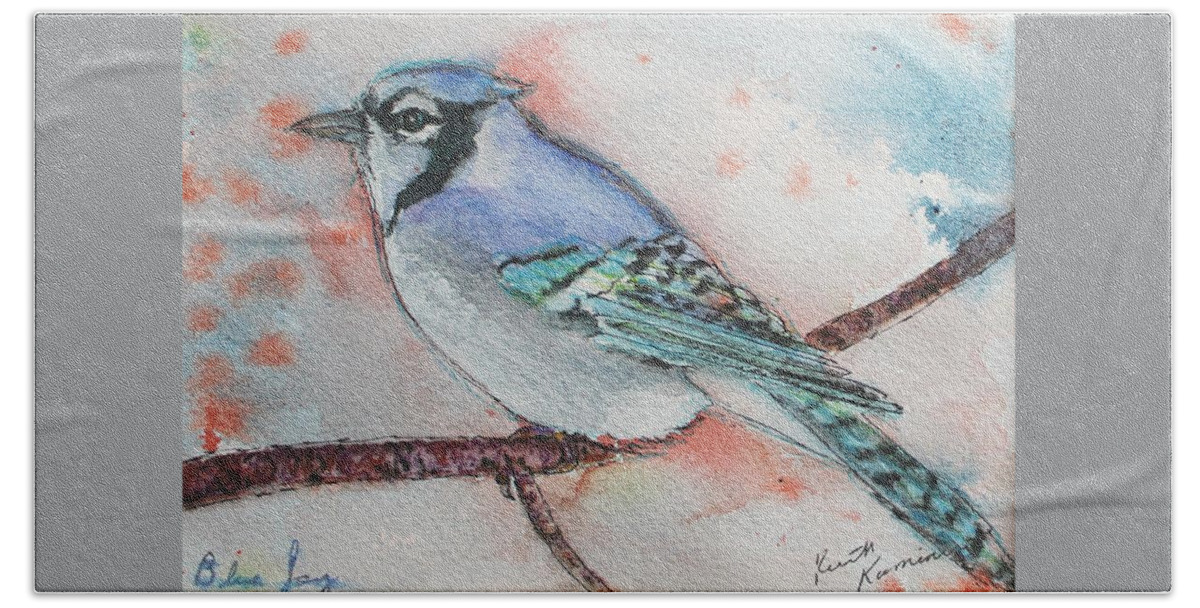 Songbird Beach Towel featuring the painting Blue Jay by Ruth Kamenev