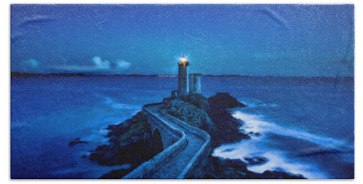 Lighthouse Beach Towel featuring the painting Blue lighthouse by Vincent Monozlay