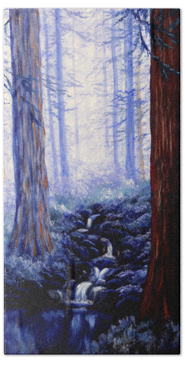 Redwoods Beach Towel featuring the painting Blue Misty Morning in the Redwoods by Laura Iverson