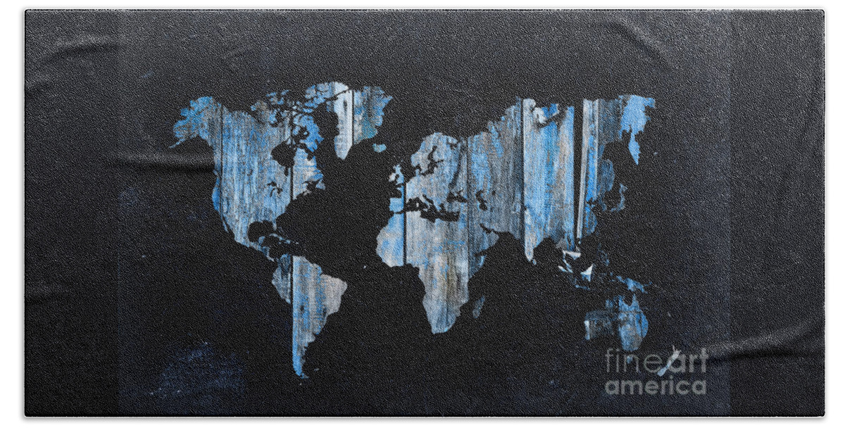 World Beach Towel featuring the photograph Blue planks on black world map by Delphimages Map Creations