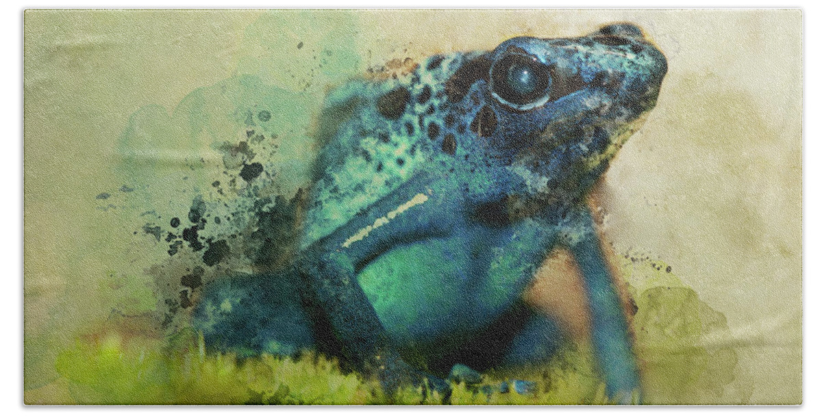 Poisonous Beach Sheet featuring the painting Blue poisonous frog by Jaroslaw Blaminsky
