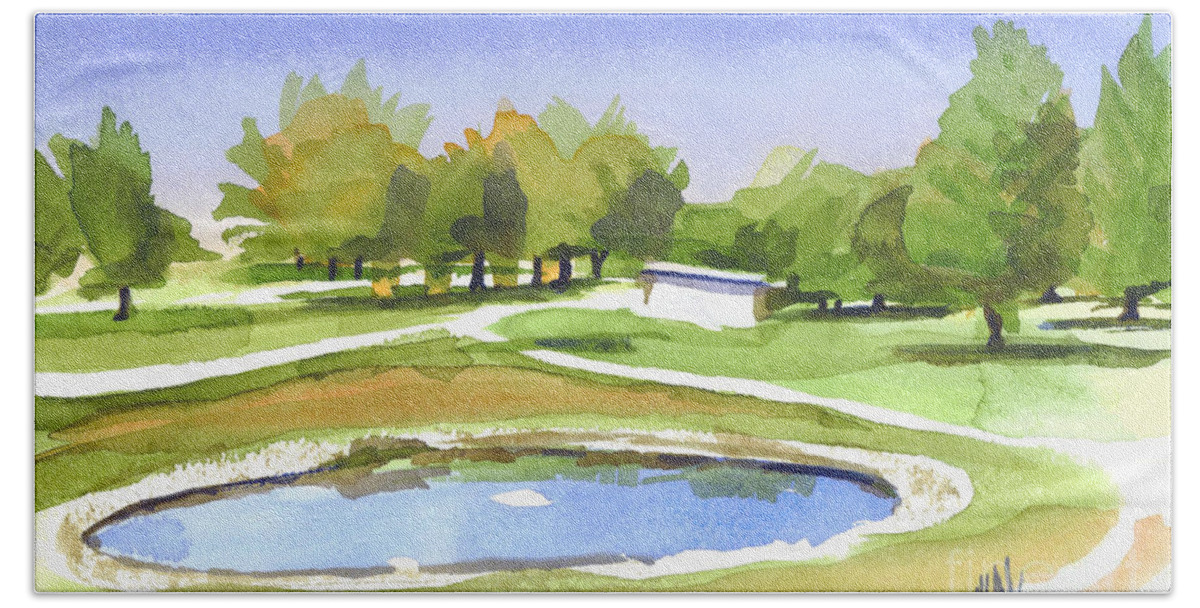 Blue Pond At The Country Club Beach Sheet featuring the painting Blue Pond at the A V Country Club by Kip DeVore