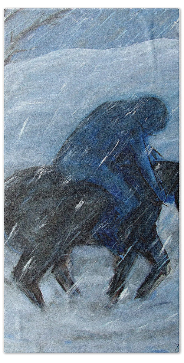 Katt Yanda Original Art Oil Painting Blue Horseback Rider Winter Snow Storm Beach Towel featuring the painting Blue Rider on Horse by Katt Yanda