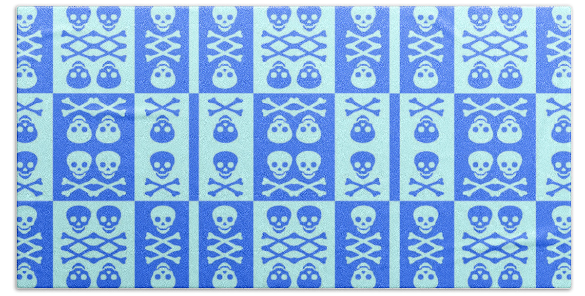 Blue Beach Towel featuring the digital art Blue Skull and Crossbones Pattern by Roseanne Jones