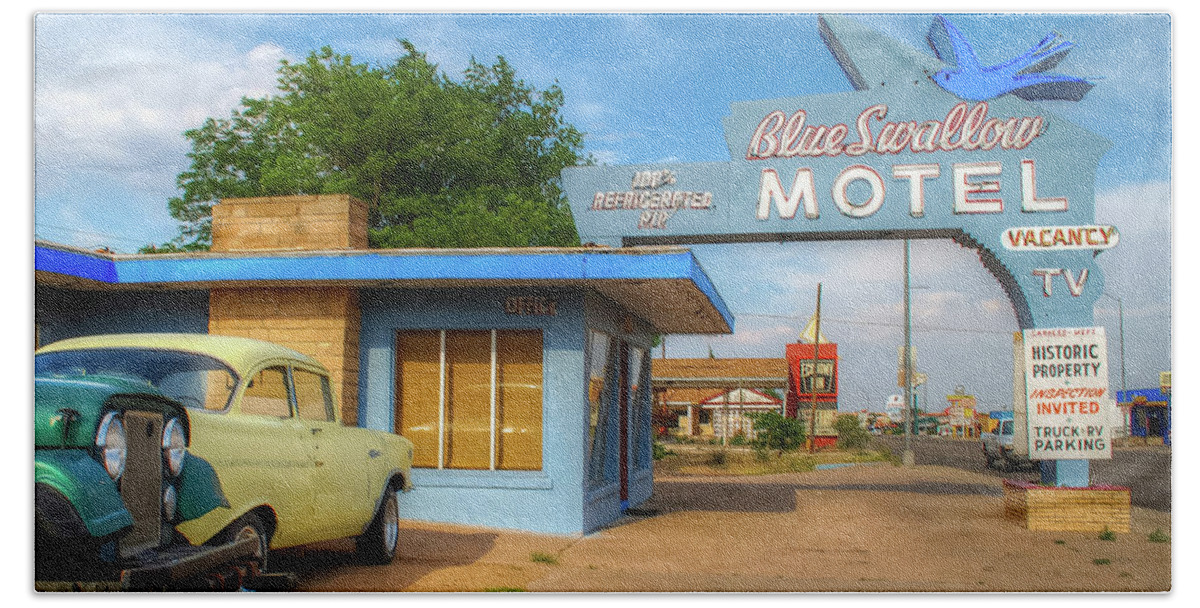 America Beach Towel featuring the photograph Blue Swallow Motel - Historic Route 66 Icon by Gregory Ballos