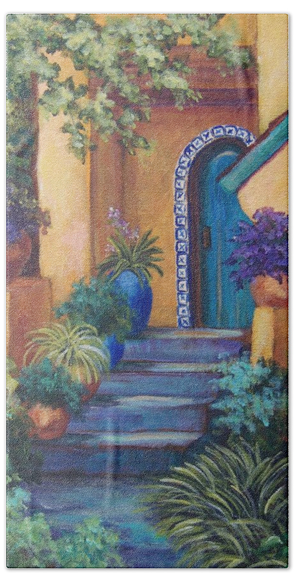 Adobe House Beach Towel featuring the painting Blue Tile Steps by Candy Mayer