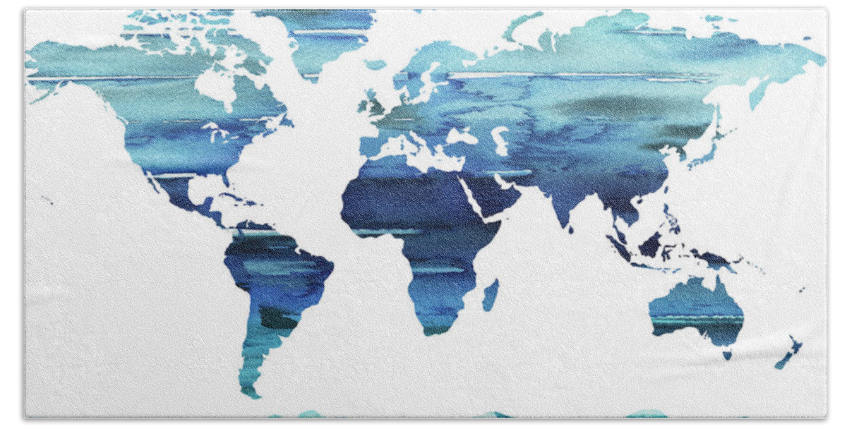 Blue Beach Towel featuring the painting Blue Watercolor Earth World Map by Irina Sztukowski