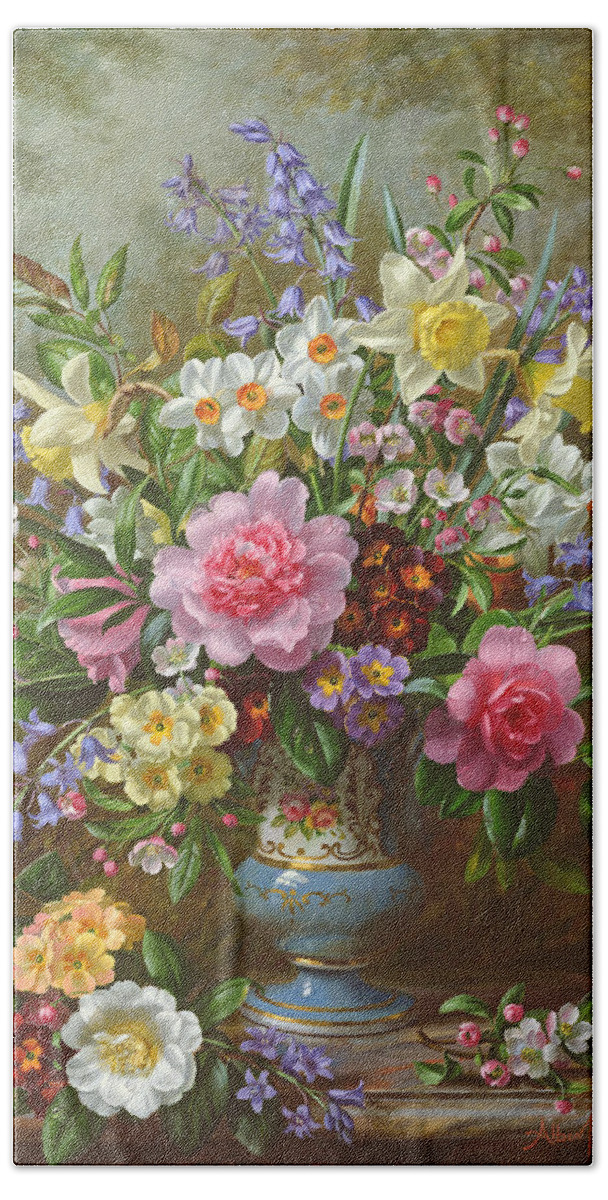 Spring Beach Towel featuring the painting Bluebells daffodils primroses and peonies in a blue vase by Albert Williams