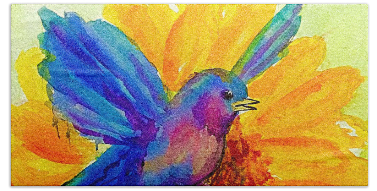 Bluebird Beach Towel featuring the painting Bluebird on Sunflower by Ellen Levinson