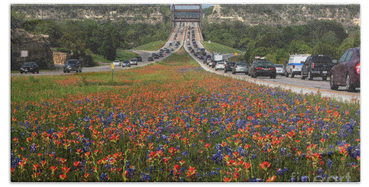 360 Bridge Beach Towel featuring the photograph Bluebonnets and Indian Paintbrush wildflowers frame the 360 Brid by Dan Herron