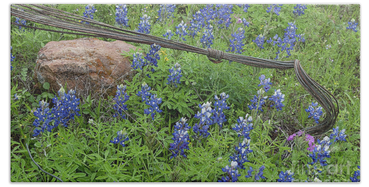 Austin Beach Towel featuring the photograph Bluebonnets and Wire by Patti Schulze