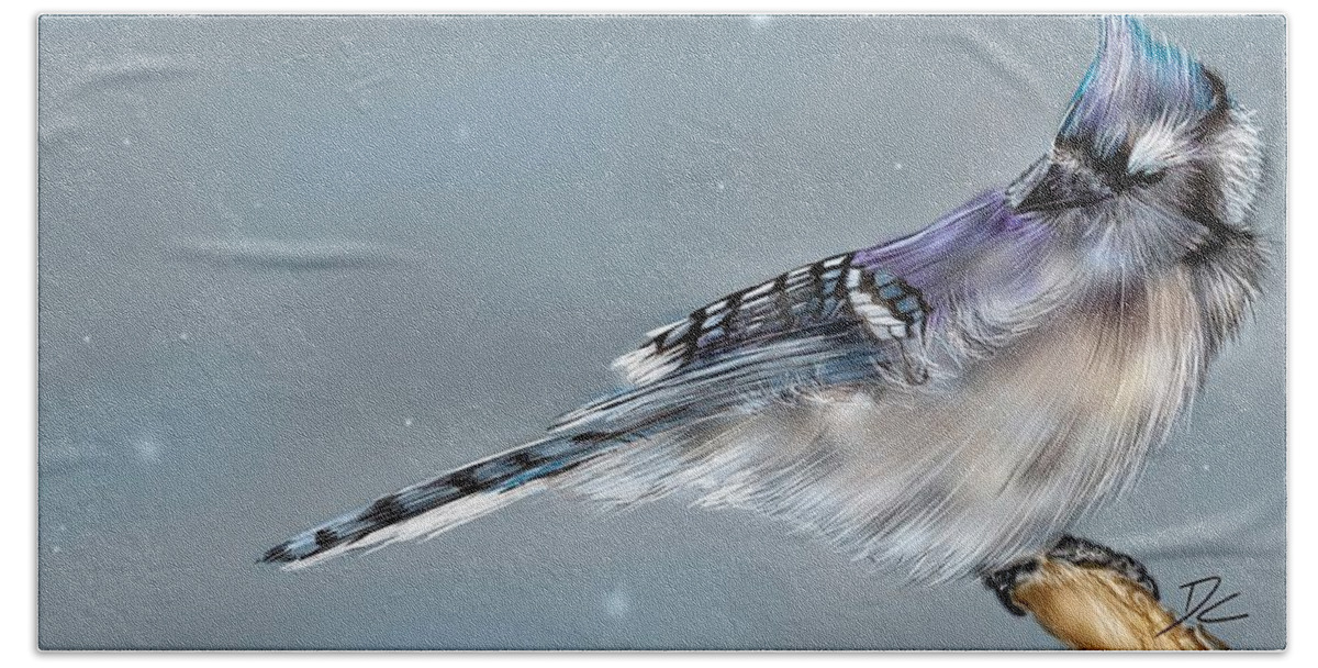 Bird Beach Towel featuring the digital art Winter Bluejay by Darren Cannell