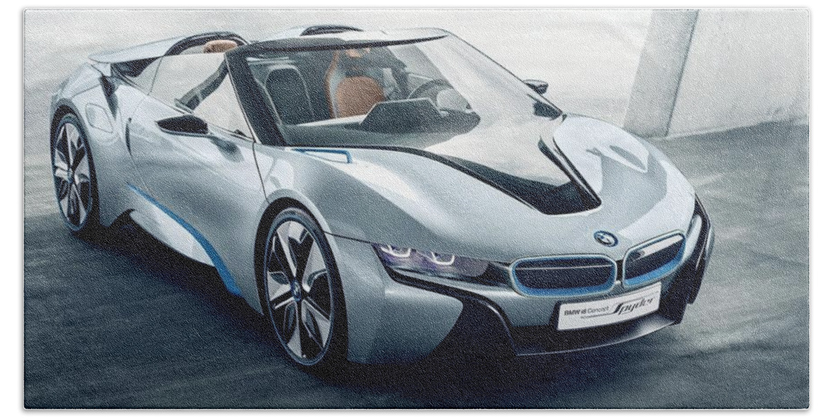 Bmw I8 Concept Spyder Beach Towel featuring the photograph BMW i8 Concept Spyder by Jackie Russo