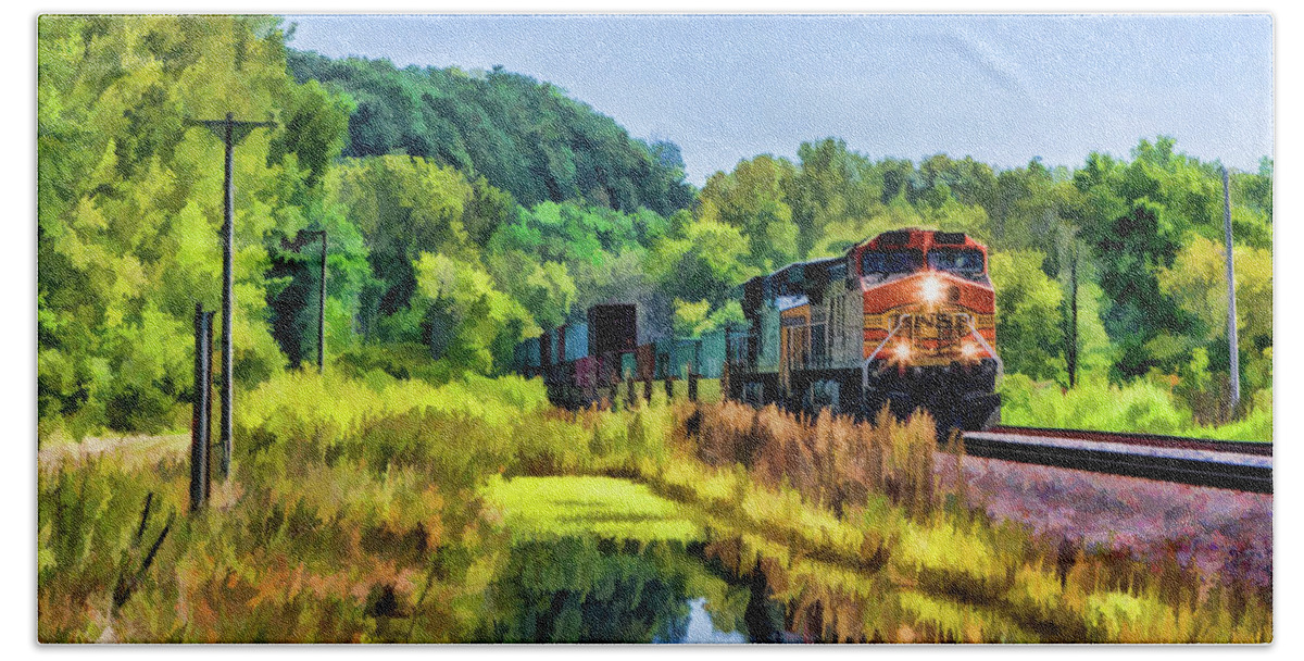 Freight Train Beach Towel featuring the painting BNSF Scenic Freight Train by Christopher Arndt
