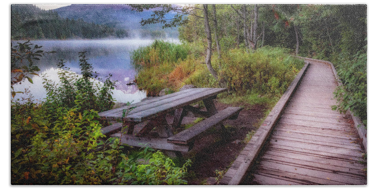Fall Beach Sheet featuring the photograph Boardwalk at Trillium Lake by Cat Connor
