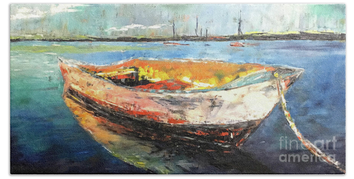 Boat Beach Towel featuring the painting Boat Adrift by Alan Metzger