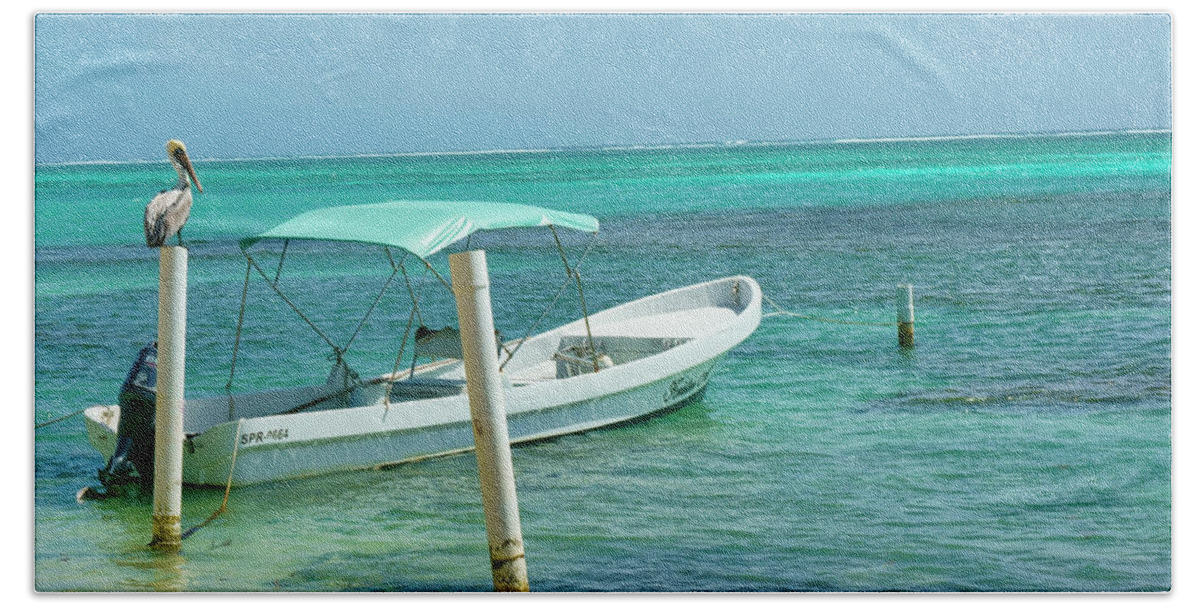Belize Beach Towel featuring the photograph Boat and Pelican on Ambergris Caye Belize by Waterdancer