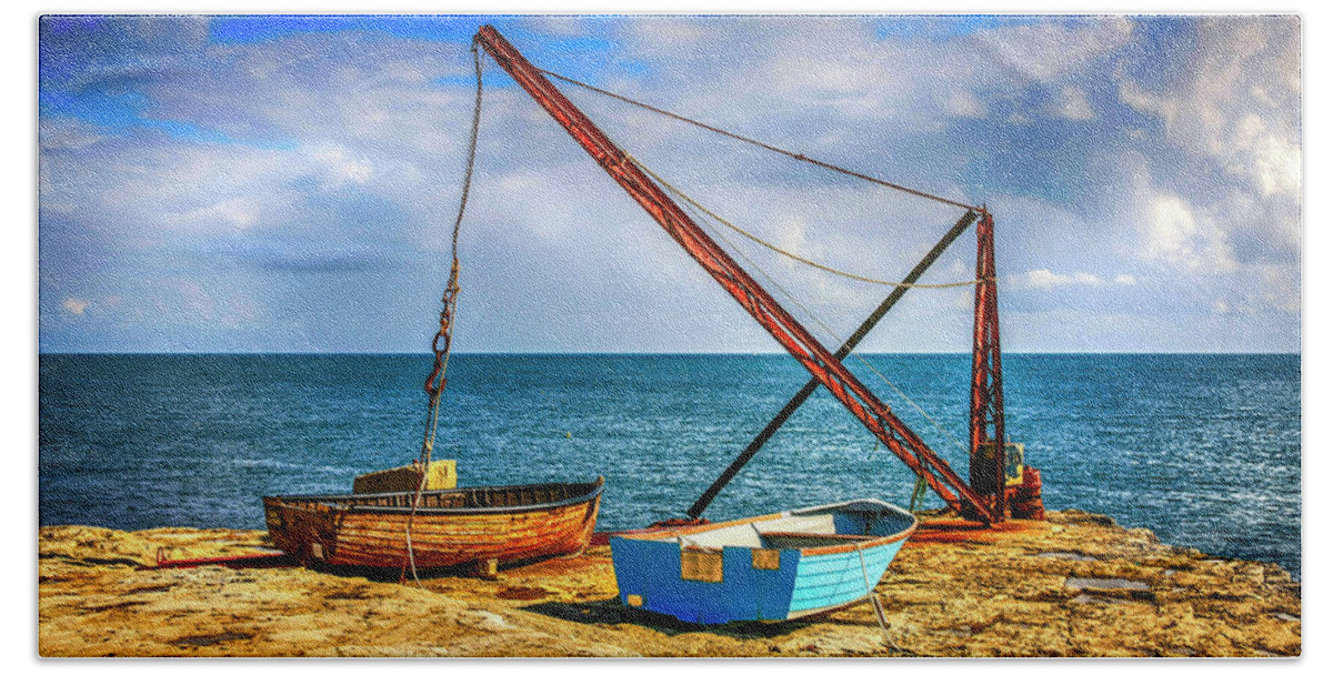 Cliffs Beach Towel featuring the photograph Boat crane at Portland UK by Chris Smith