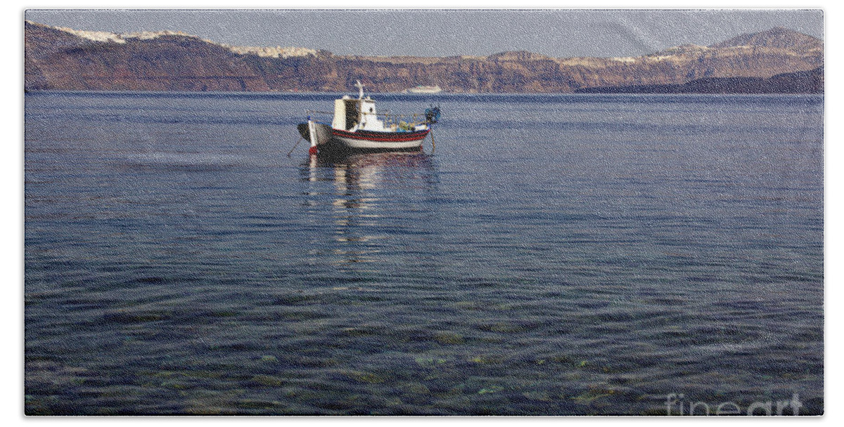 Santorini Beach Towel featuring the photograph Boat in a Caldera by Jeremy Hayden