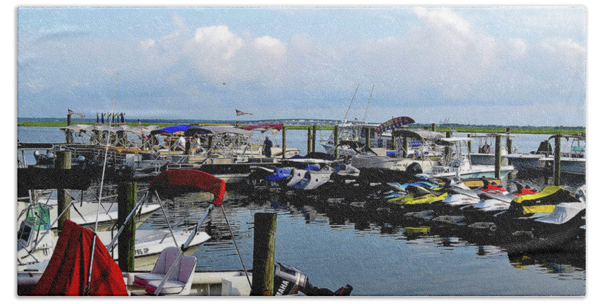 Pontoon Rentals Beach Towel featuring the photograph Boat Moorings and Rentals in Wildwood New Jersey by Linda Stern