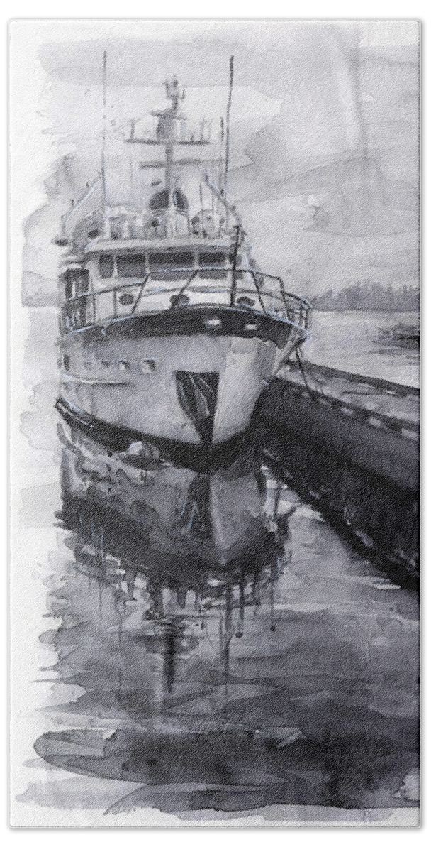 Kirkland Beach Towel featuring the painting Boat on Waterfront Marina Kirkland Washington by Olga Shvartsur