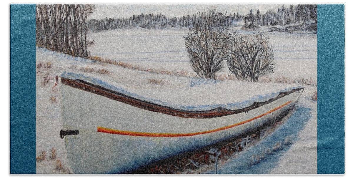 Boat Beach Towel featuring the painting Boat under snow by Marilyn McNish
