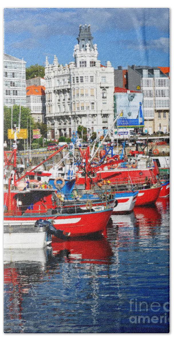 Fishing Boats Beach Towel featuring the photograph Boats in the Harbor - La Coruna by Mary Machare