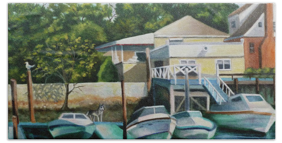 Blue Water With Moving Reflections Beach Towel featuring the painting Boats On Crossbay Blvd. by Madeline Lovallo